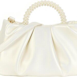 Evening Clutch Pearl Purses for Women Ladies Soft Leather Ruched Crossbody Bags